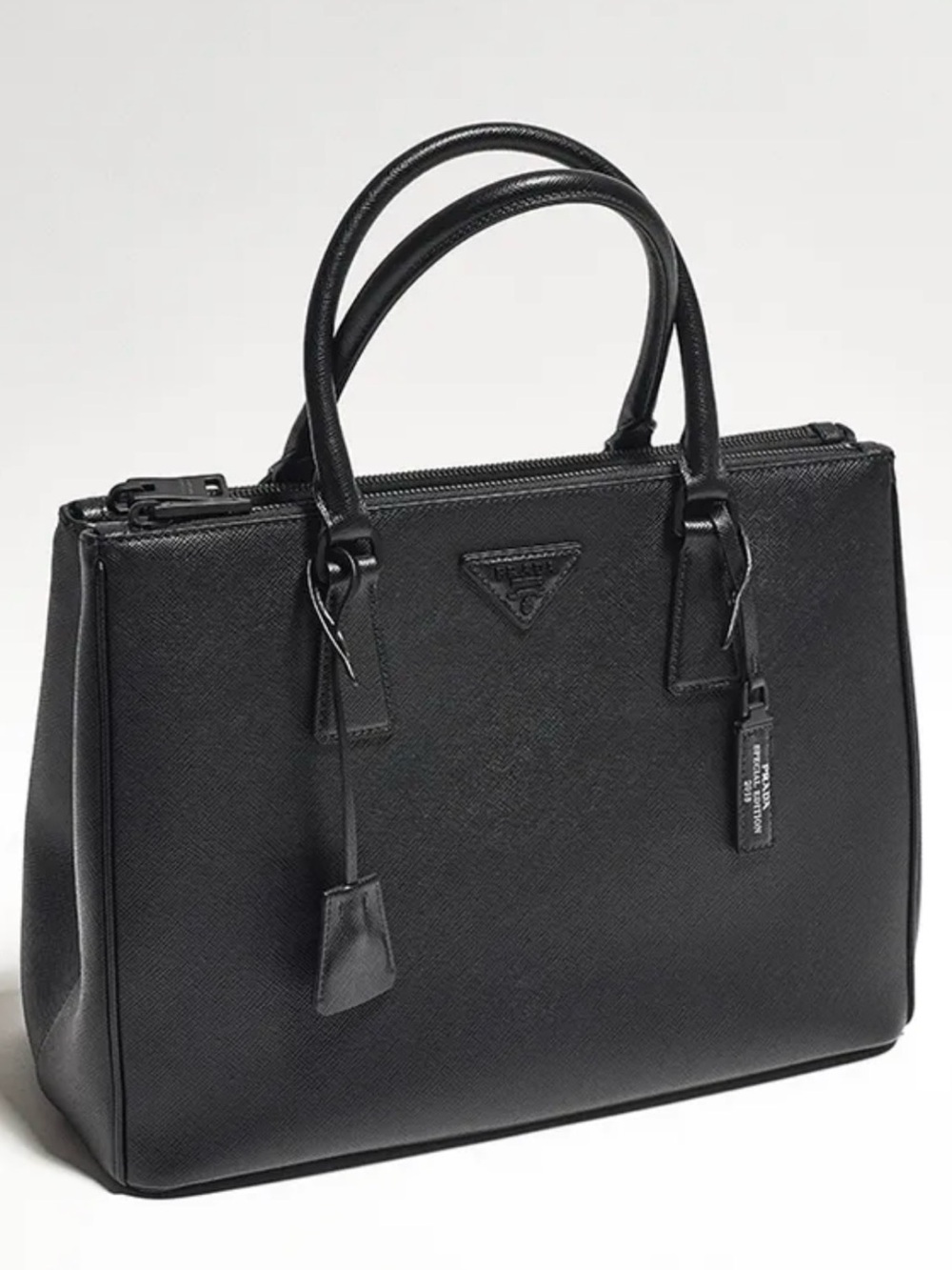 Prada Black Saffiano Structured lights out Top-Handle Bag w/ authenticity cards